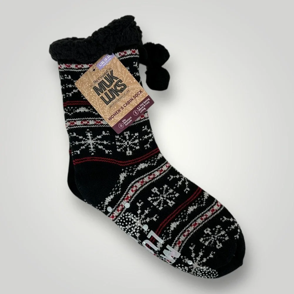 NEW‎ Muk Luks Cabin Socks Womens L XL Black Fair Isle Faux Fur Slipper Gripper